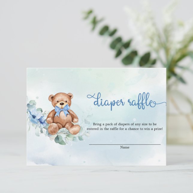 Boho Dusty Blue Floral Teddy Bear Diaper Raffle Enclosure Card (Standing Front)