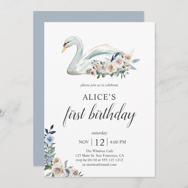 Boho Dusty Blue Flower Swan 1st Birthday Invitation (Front/Back)
