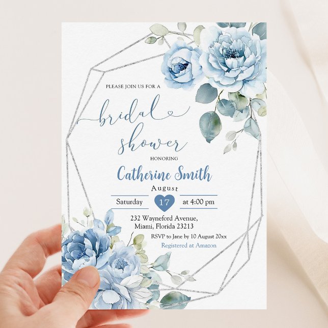 Boho Dusty Blue Flowers Geometric Bridal Shower Invitation (Creator Uploaded)