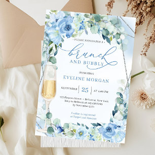 Boho dusty blue flowers greenery brunch and bubbly invitation