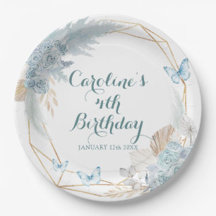 Boho Dusty Blue Flutter on Over Butterfly Birthday Paper Plate