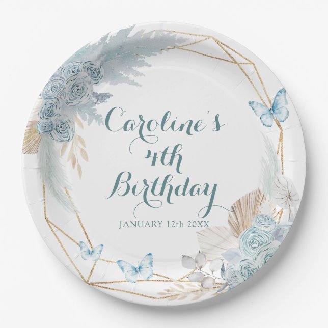 Boho Dusty Blue Flutter on Over Butterfly Birthday Paper Plate (Front)