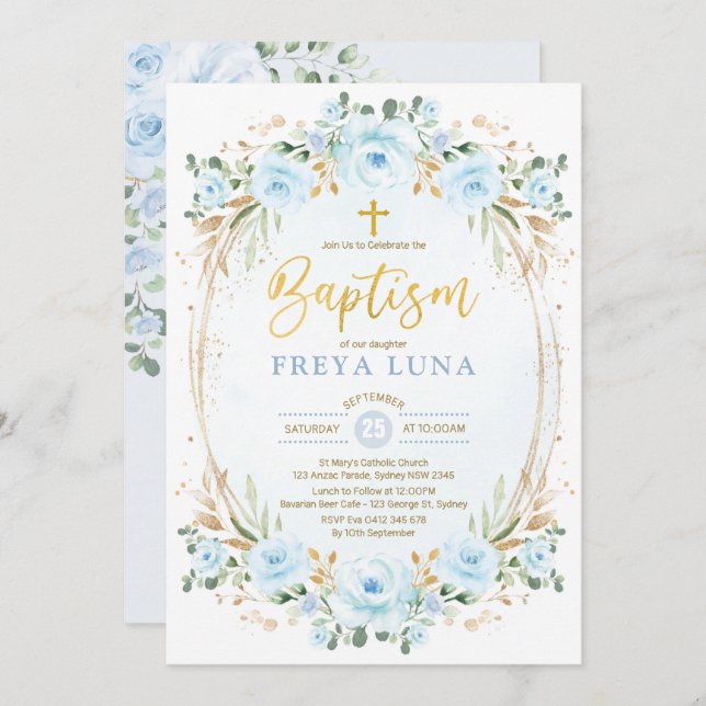 Boho Dusty Blue Gold Garden Floral Baptism Invitation (Front/Back)
