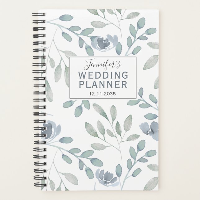 Boho Dusty Blue & Green Pattern Wedding Planner (Front)