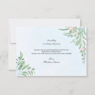Boho Dusty Blue Greenery Holy Communion Thank You Card