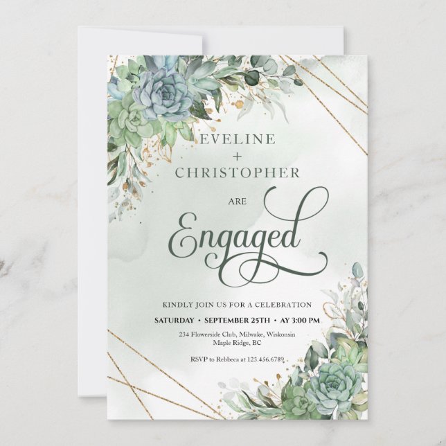 Boho dusty blue greenery succulents gold engage in invitation (Front)