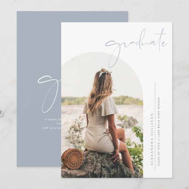 Boho Dusty Blue Minimalist Arch Photo Graduation Invitation (Front/Back)