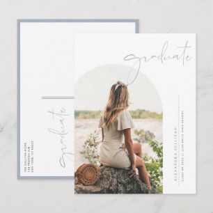 Boho Dusty Blue Minimalist Arch Photo Graduation Invitation Postcard