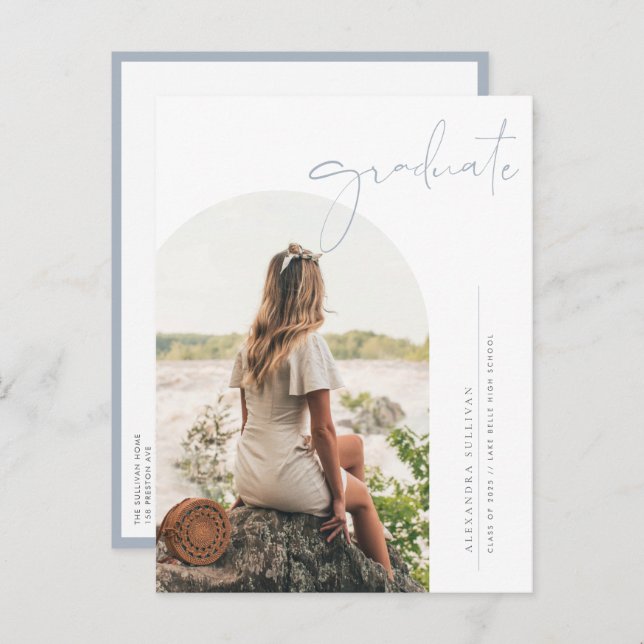 Boho Dusty Blue Minimalist Arch Photo Graduation Invitation Postcard (Front/Back)