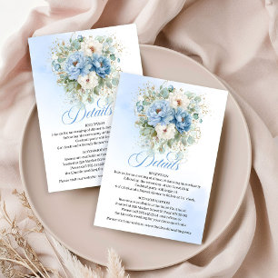 Boho Dusty Blue Peonies White Wedding Details Card