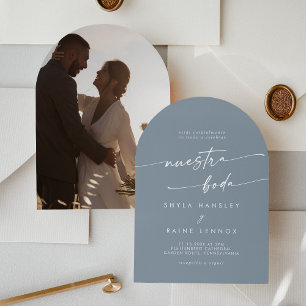Boho Dusty Blue Photo Arch Spanish Wedding Invitation