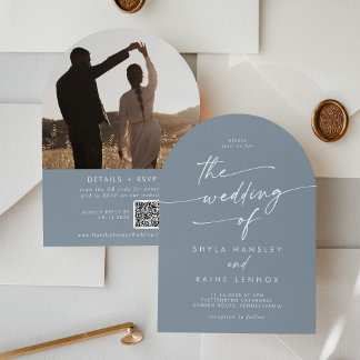 Boho Dusty Blue Photo QR Code Arch Wedding Invitation