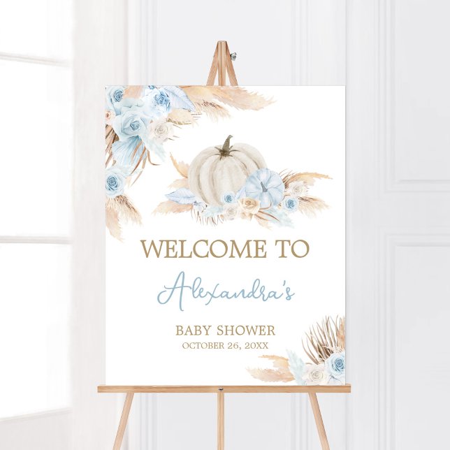 Boho Dusty Blue Pumpkin Baby Shower Welcome Poster (Boy Little Pumpkin Baby Shower Welcome Sign )