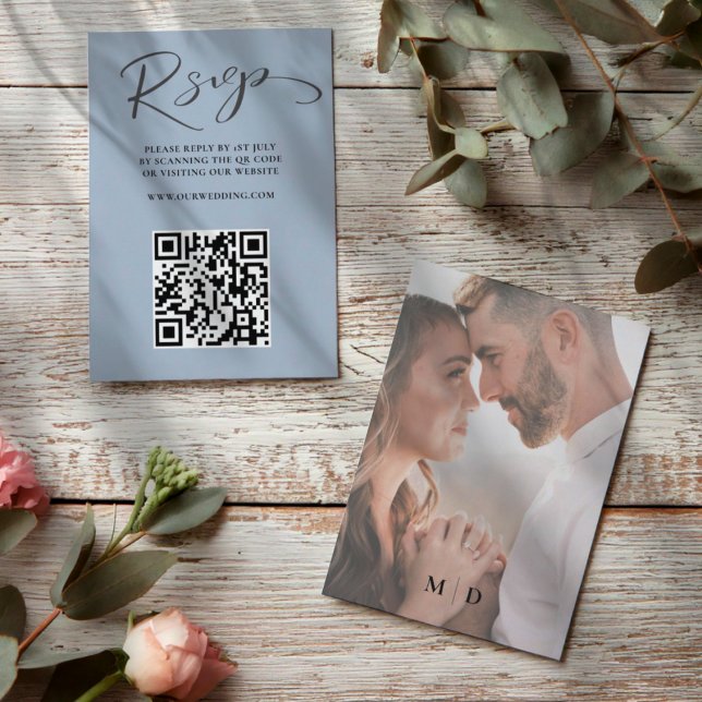 Boho Dusty Blue QR Code RSVP Wedding Card (Creator Uploaded)