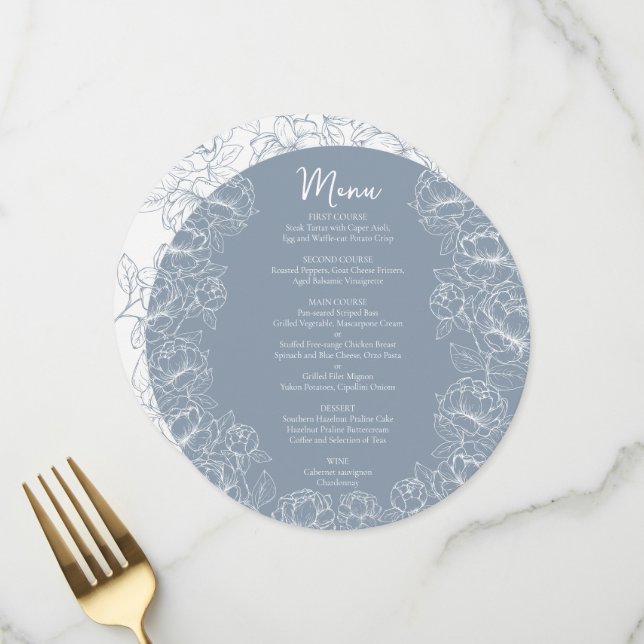 Boho Dusty Blue Romantic Botanical Round Wedding Menu (Front/Back In Situ)