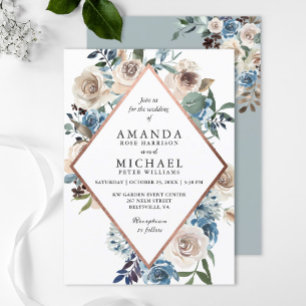 Boho Dusty Blue Rustic Floral Rose Gold Wedding Invitation