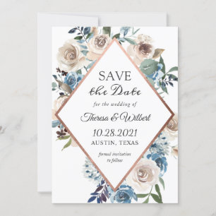 Boho Dusty Blue Rustic Floral Rose Gold Wedding Save The Date