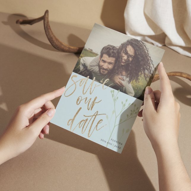 Boho Dusty Blue Save Our Date Faux Gold & Foliage  Holiday Card (Creator Uploaded)