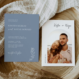 Boho Dusty Blue Simple Elegant Photo Wedding Invitation
