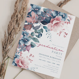 Boho Dusty Blue Summer Garden Floral Graduation  Invitation