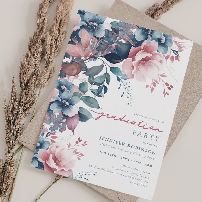 Boho Dusty Blue Summer Garden Floral Graduation  Invitation (Boho Dusty Blue Summer Garden Floral Graduation Invitation)