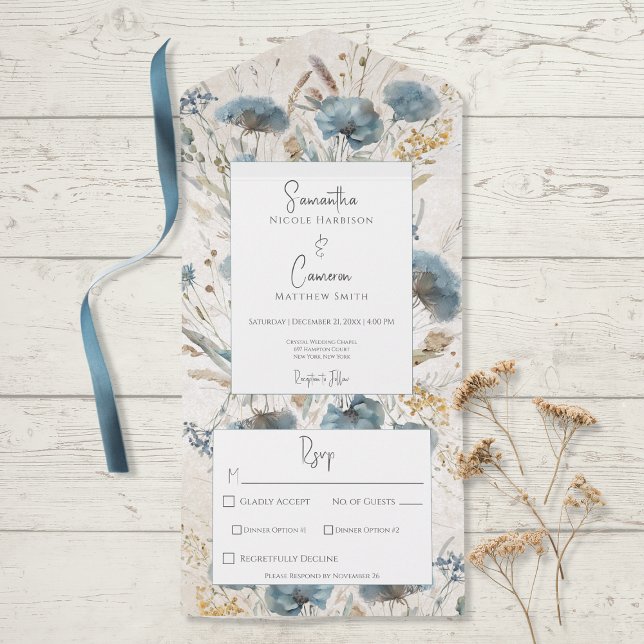 Boho Dusty Blue & Tan Floral Monogram Dinner All In One Invitation (Creator Uploaded)