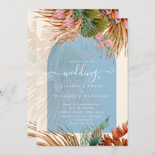 BOHO Dusty Blue Tropical Pampas Grass Wedding Invitation
