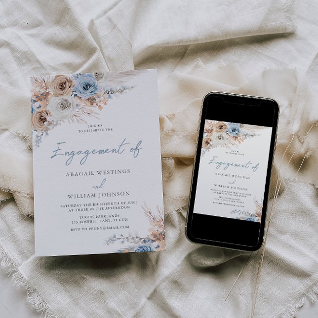Boho Dusty Blue Watercolor Floral Engagement Party Invitation (Creator Uploaded)