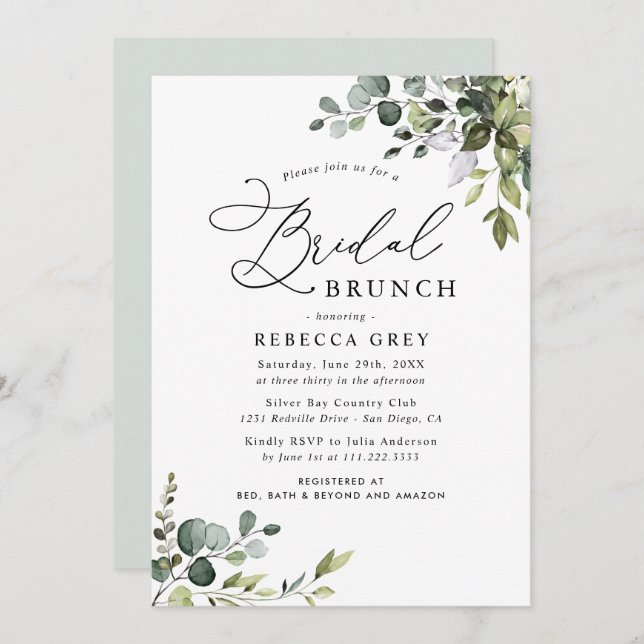 Boho Dusty Blue Watercolor Greenery Bridal Brunch Invitation (Front/Back)
