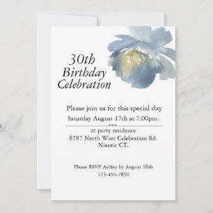Boho Dusty Blue Watercolor Rose 30th Birthday Invitation