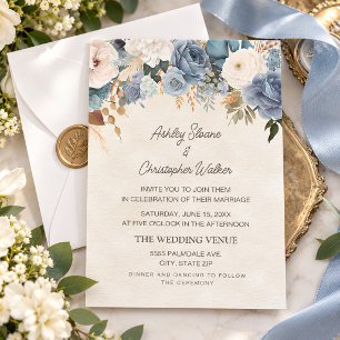 Boho Dusty Blue White Flowers Cream Wedding Invitation