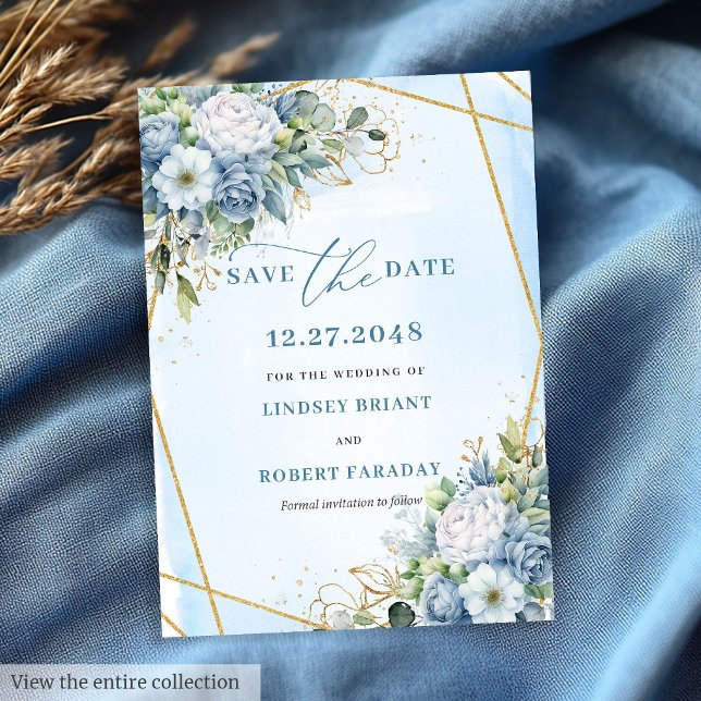 Boho Dusty Blue White Gold Flowers Save The Date Invitation (Boho Dusty Blue White Gold Flowers Save The Date)