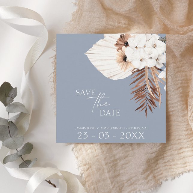 Boho Dusty Blue White Pampas Grass Wedding Save The Date (Creator Uploaded)