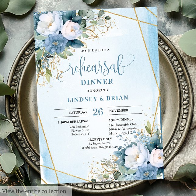 Boho Dusty Blue White Peony Rehearsal Dinner Card (Boho Dusty Blue White Peony Rehearsal Dinner Card)