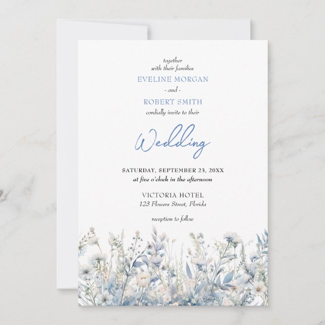 Boho dusty blue wild flowers wedding invite (Front)