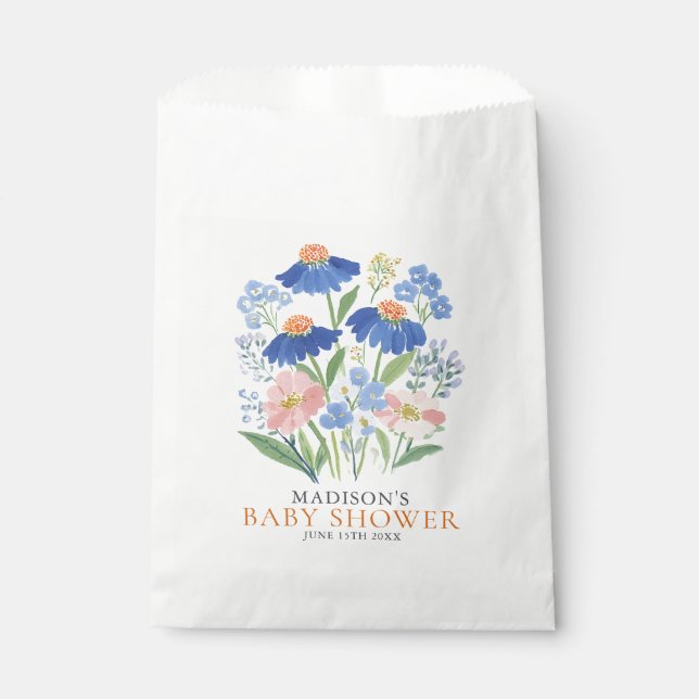 Boho Dusty Blue Wildflower Baby in Bloom Favour Bag (Front)