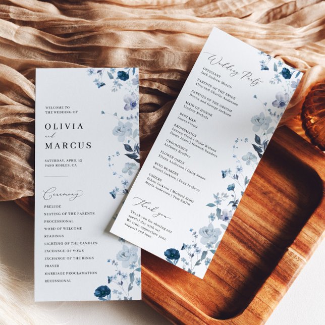 Boho Dusty Blue Wildflower Elegant Wedding Program (Front/Back)