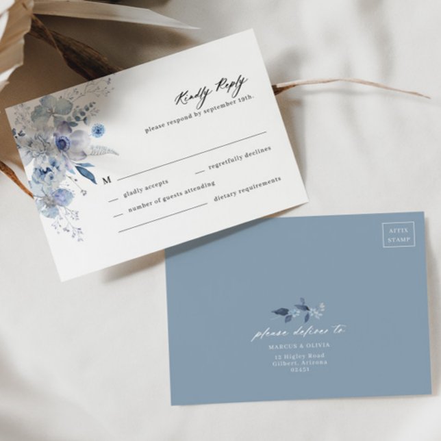 Boho Dusty Blue Wildflower Wedding RSVP Card (Dusty Blue RSVP Front/Back)