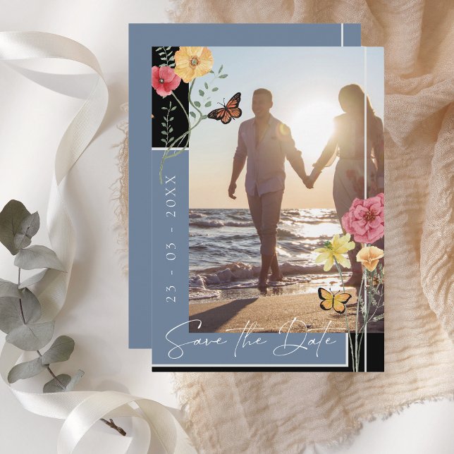Boho Dusty Blue Wildflowers Photo Save the Date (Creator Uploaded)