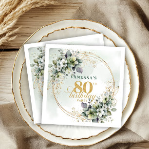 Boho Dusty Green Botanical 80th Birthday Napkins