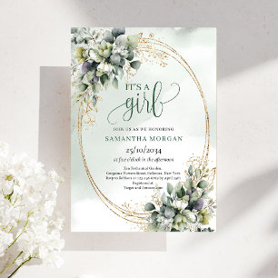 Boho Dusty Green Botanical Watercolor It’s A Girl  Invitation