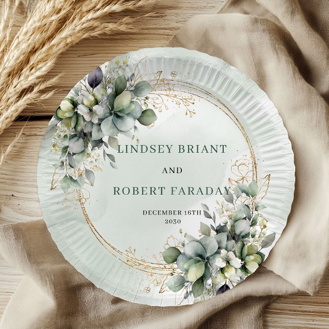 Boho Dusty Green Custom Name Botanical Wedding   Paper Plate (Boho Dusty Green Custom Name Botanical Wedding Paper Plates)
