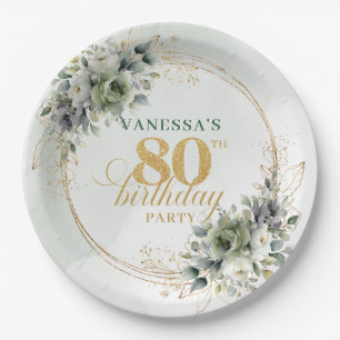 Boho Dusty Green Eucalyptus 80th Birthday Party Paper Plate
