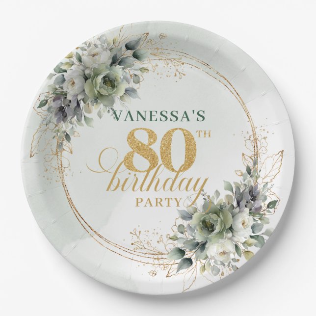 Boho Dusty Green Eucalyptus 80th Birthday Party  Paper Plate (Front)