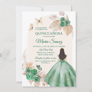 Boho Dusty Green Floral Mexican Girl Quinceañera Invitation