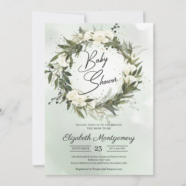 Boho Dusty Greenery Olive Wreath White Roses   Invitation (Front)