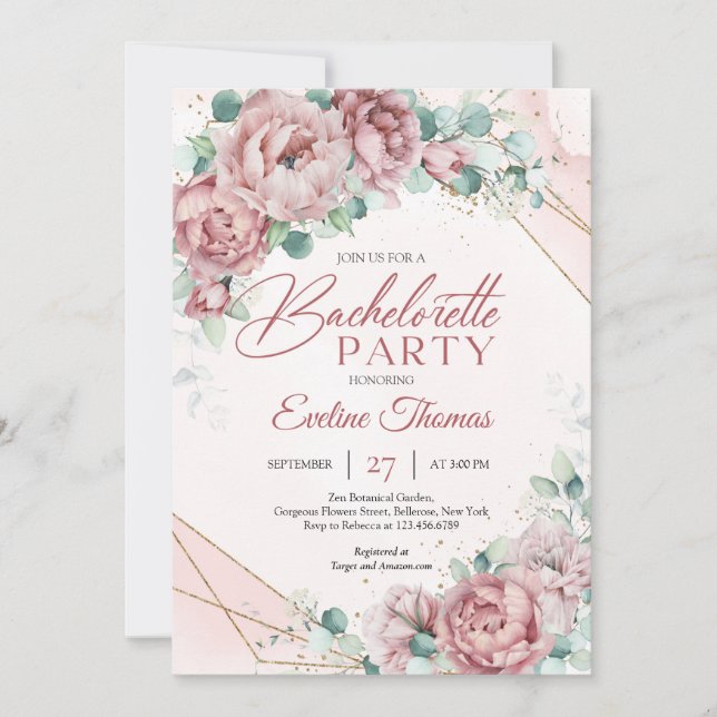 Boho dusty pink blush eucalyptus gold frame invitation (Front)