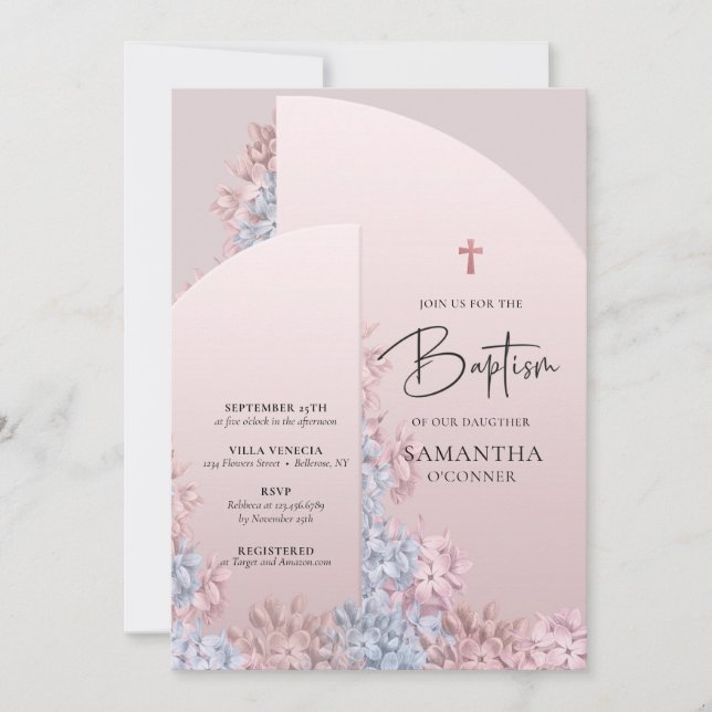 Boho dusty pink blush rose gold arch Baptism Invitation (Front)