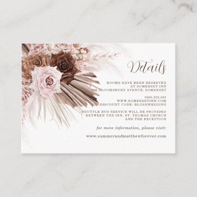 Boho Dusty Pink Brown Floral Pampas Grass Wedding Enclosure Card (Front)