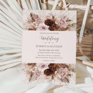 Boho Dusty Pink Brown Flowers Pampas Grass Wedding Invitation